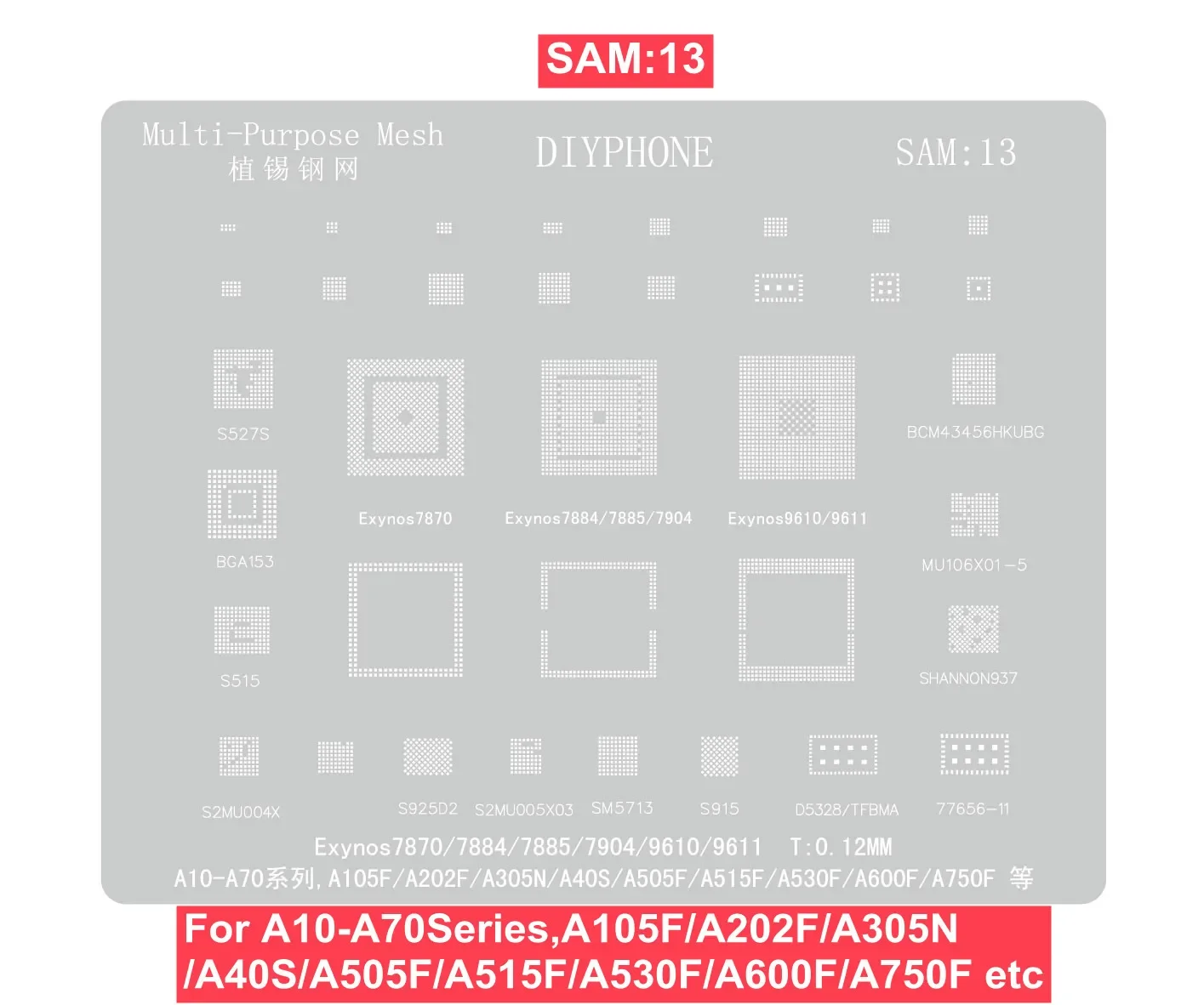 PHONEFIX BGA Reballing Stencil SAM1-17 For Samsung A /C full range Exynos CPU IC Chips Soldering Repair Tin Solder Net 0.12mm