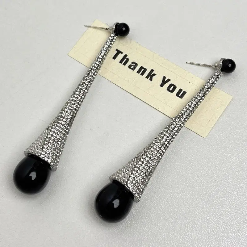 

Midnight Luxe Drop Earrings – Silver Crystal Cone Dangles with Black Onyx Bead Accent