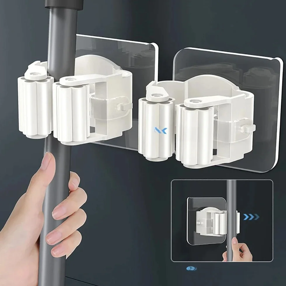 Support de rangement mural pour balai et serpillière, fixation par ventouse sans trace, étanche, pour salle de bain, blanc