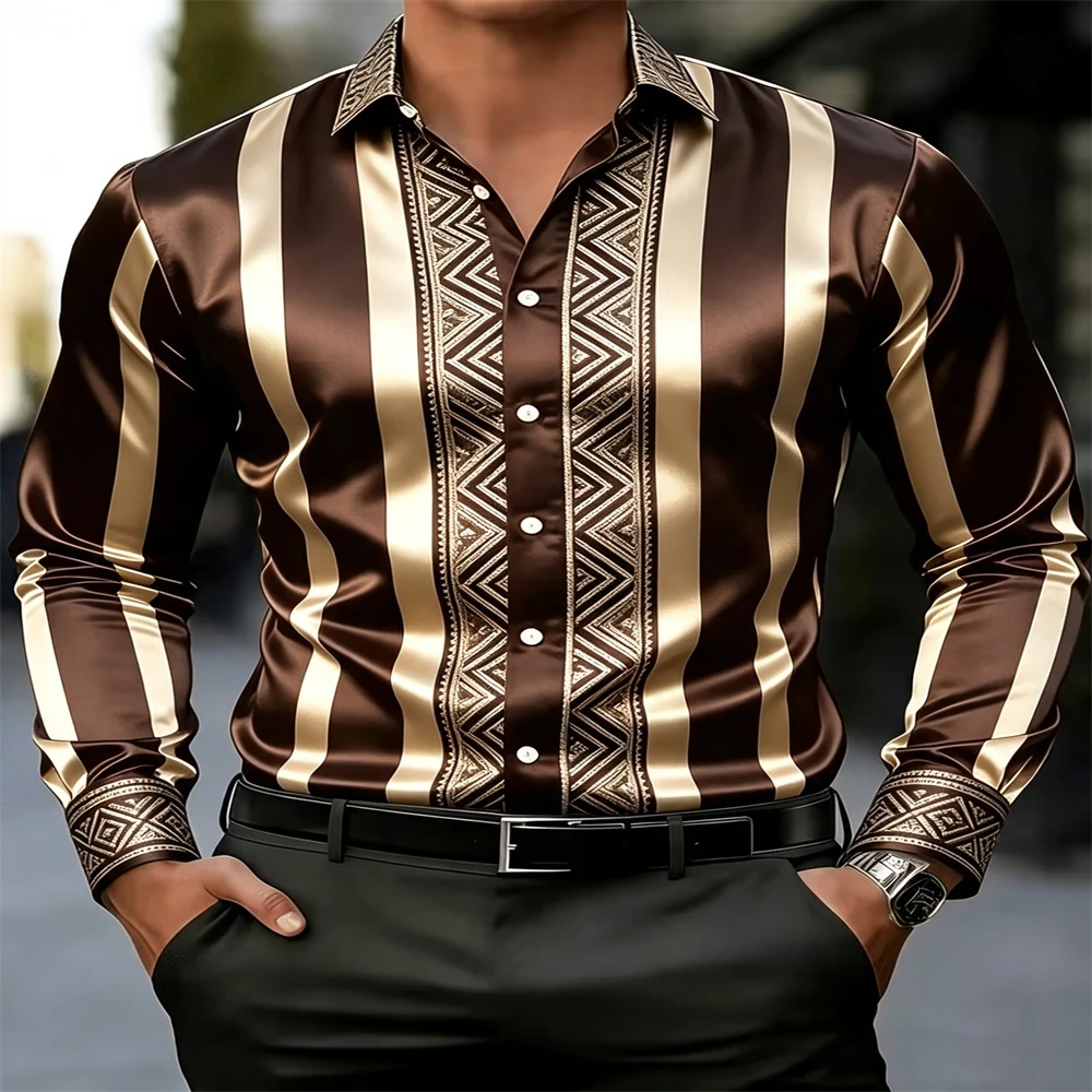 Stripe Satin Men Shirt Geometric Jacquard Slim Long Sleeve Formal Business Dress Top