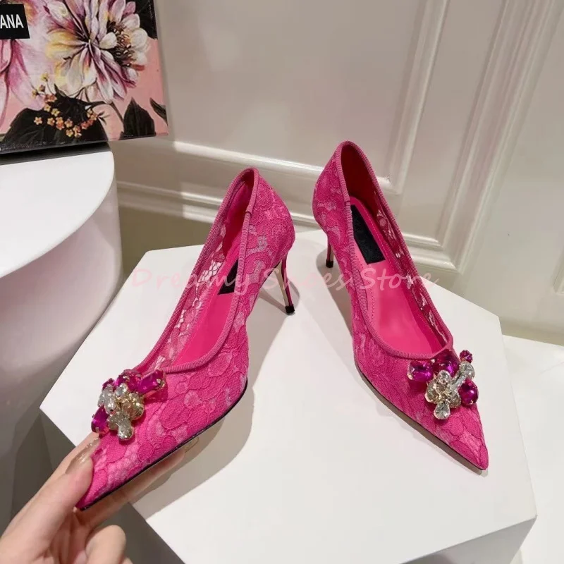 الوردي لامعة حجر الراين الدانتيل وأشار رقيقة عالية الكعب المرأة كريستال زهرة الانزلاق على مضخات فاخرة أنيقة مأدبة الزفاف فستان الأحذية #4