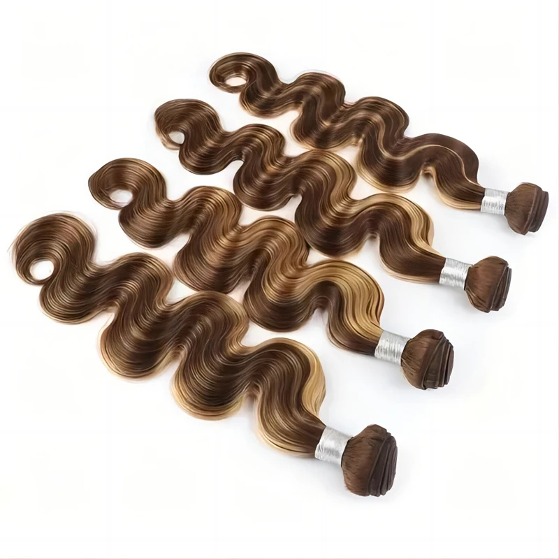 Highlight Body Wave Bundles With Closure P4/27 Color 4x4 Lace Closure With 3/4 Bundles Indian Virgin Human Hair 65g/Pc Bundle