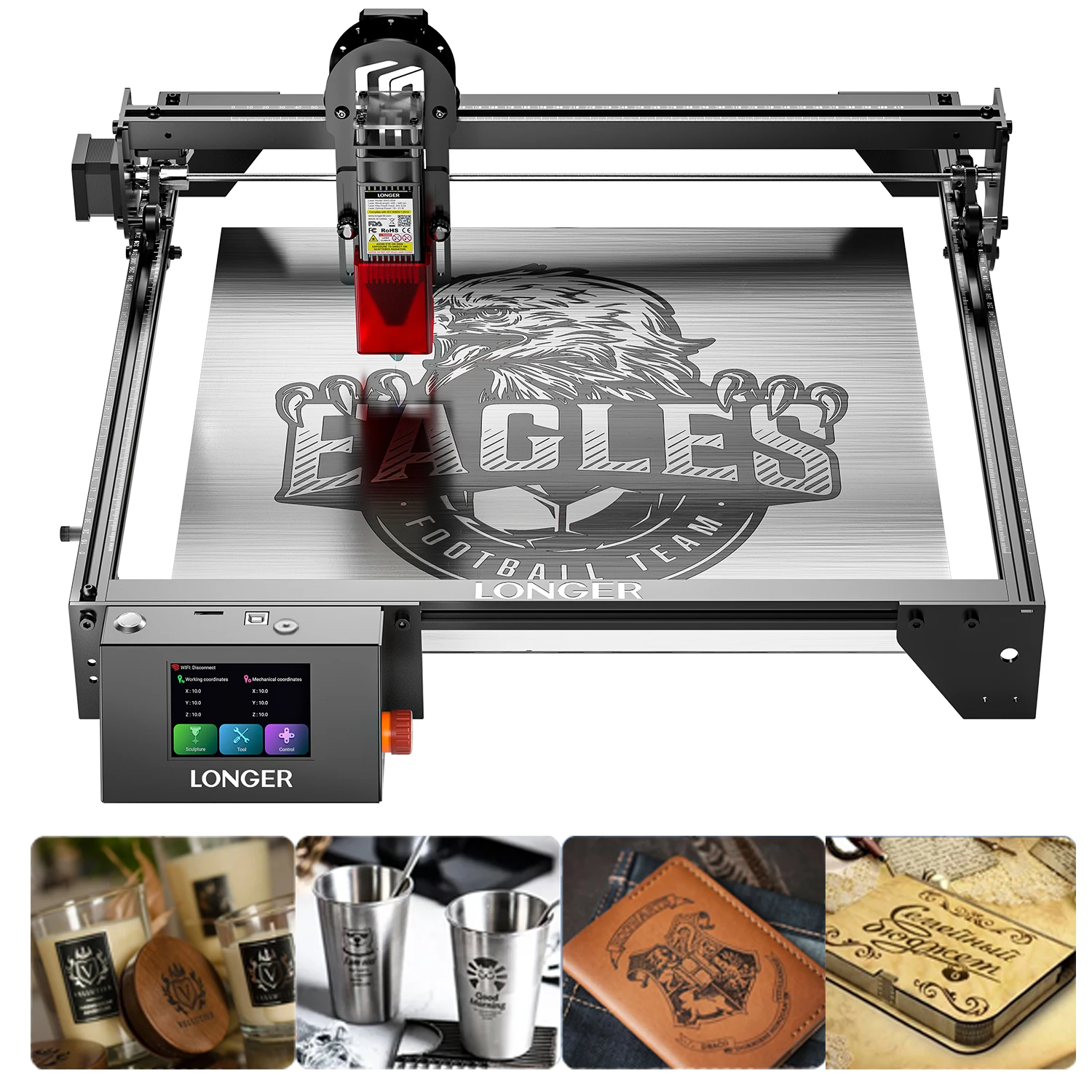 LONGER RAY5 Lasergravierer und Prägemaschine 5W 10W 20W 400x400mm WiFi Touchscreen Laser Schneide- und Gravurmaschine für Holz Acryl Leder kompatibel mit LightBurn LaserGRBL