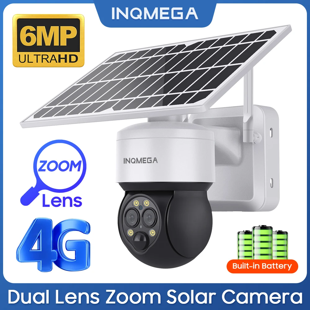 INQMEGA 6MP 4G SIM Solar Camera WIFI 6W Solar Panel PIR Human Security Protection Dual Lens Surveillance CCTV Night Vision Cam