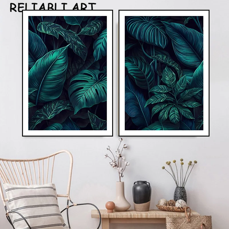 Dark Green Plants Leaves Canvas Painting Nordic Style Poster and Print Wall Art Pictures for Living Room Home Decor No Frame