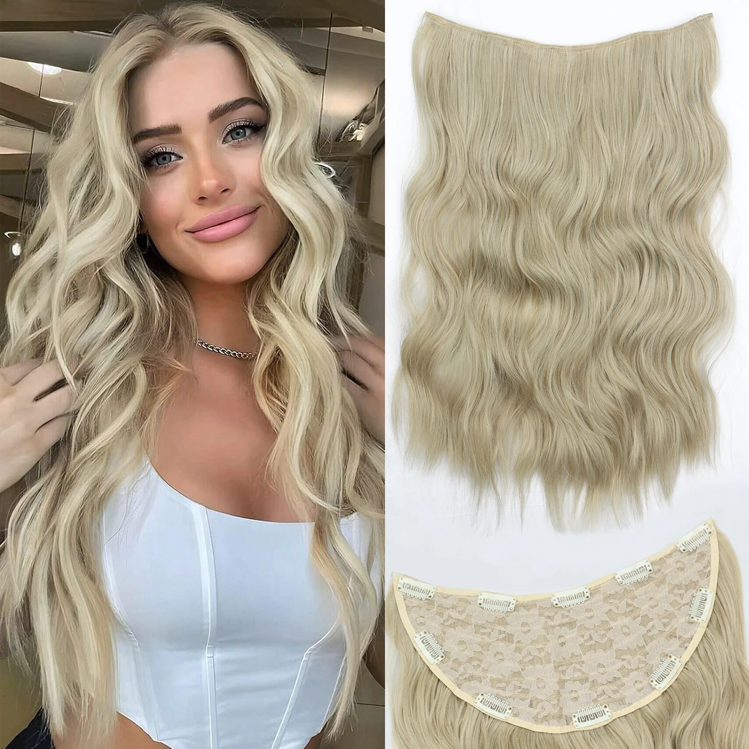 

NICESY 22Inch Synthetic Long Wavy 10 Clip In U-Shaped Hair Extensions Black Blonde Hair Heat Resistant Type Hair Extensions