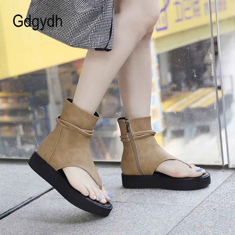 Gdgydh Women\'s Flip Flops Platform Sandals Side Zipper Ankle Wrap High Top Summer Footwear Boots Faux Leather Open Toe