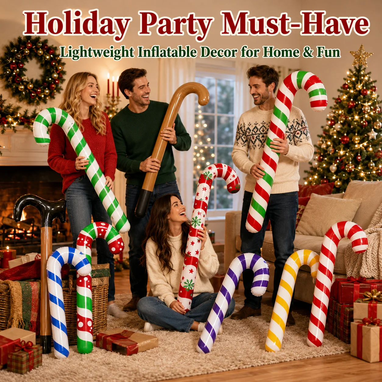 1pc Giant Inflatable Christmas Candy Cane Walking Stick Photo Booth Prop for Party Stage Store Mall Holiday Decor