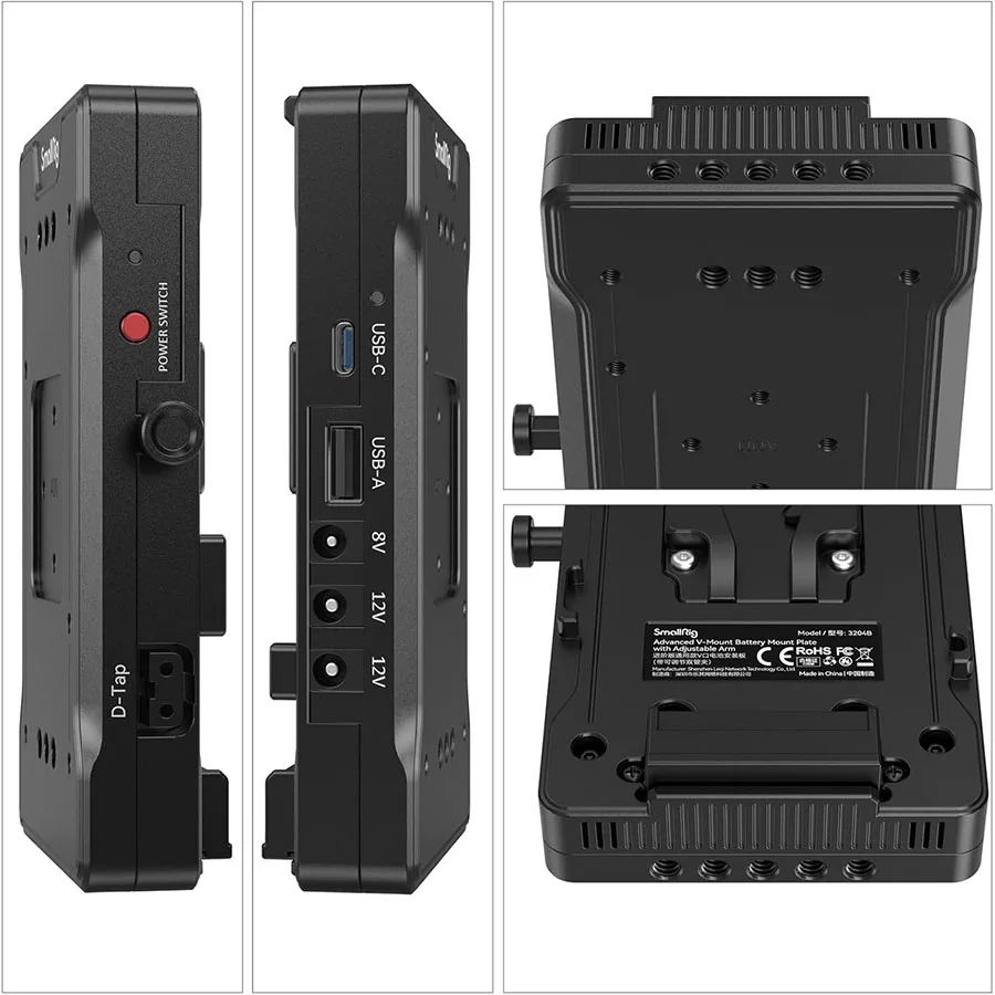 SMALLRIG V Mount Battery Adapter Plate with PD 65W USB-C Quick Charger, QC Protocol USB-A, D-TAP, 8V & 12V DC Port, 15 mm Rod Cl