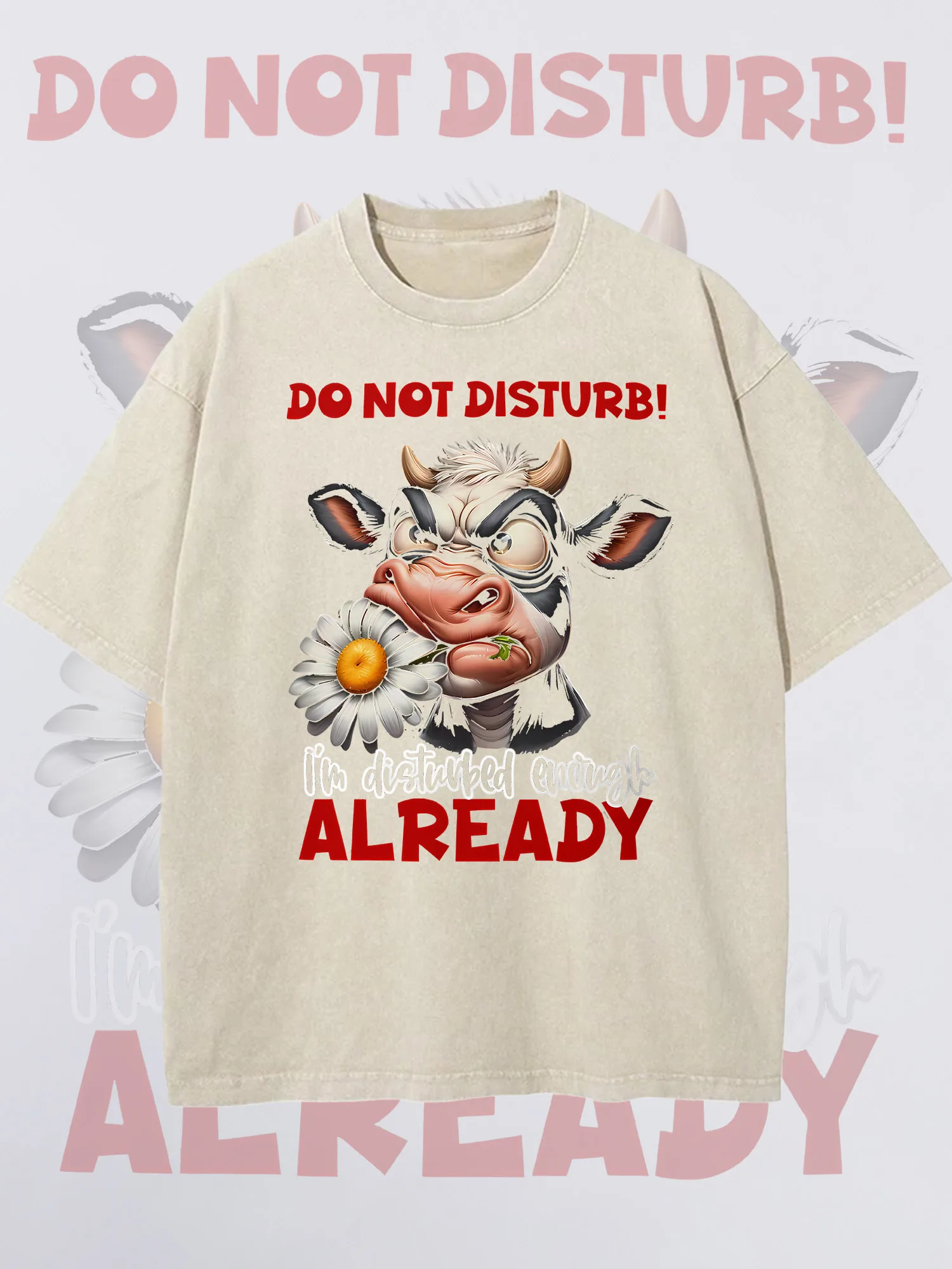 

Men's T-Shirts Do Not Disturb An Angry Cattle Printed Apricot Short-Sleeved Round Neck Loose Summer 100% Pure Cotton Acid Washed