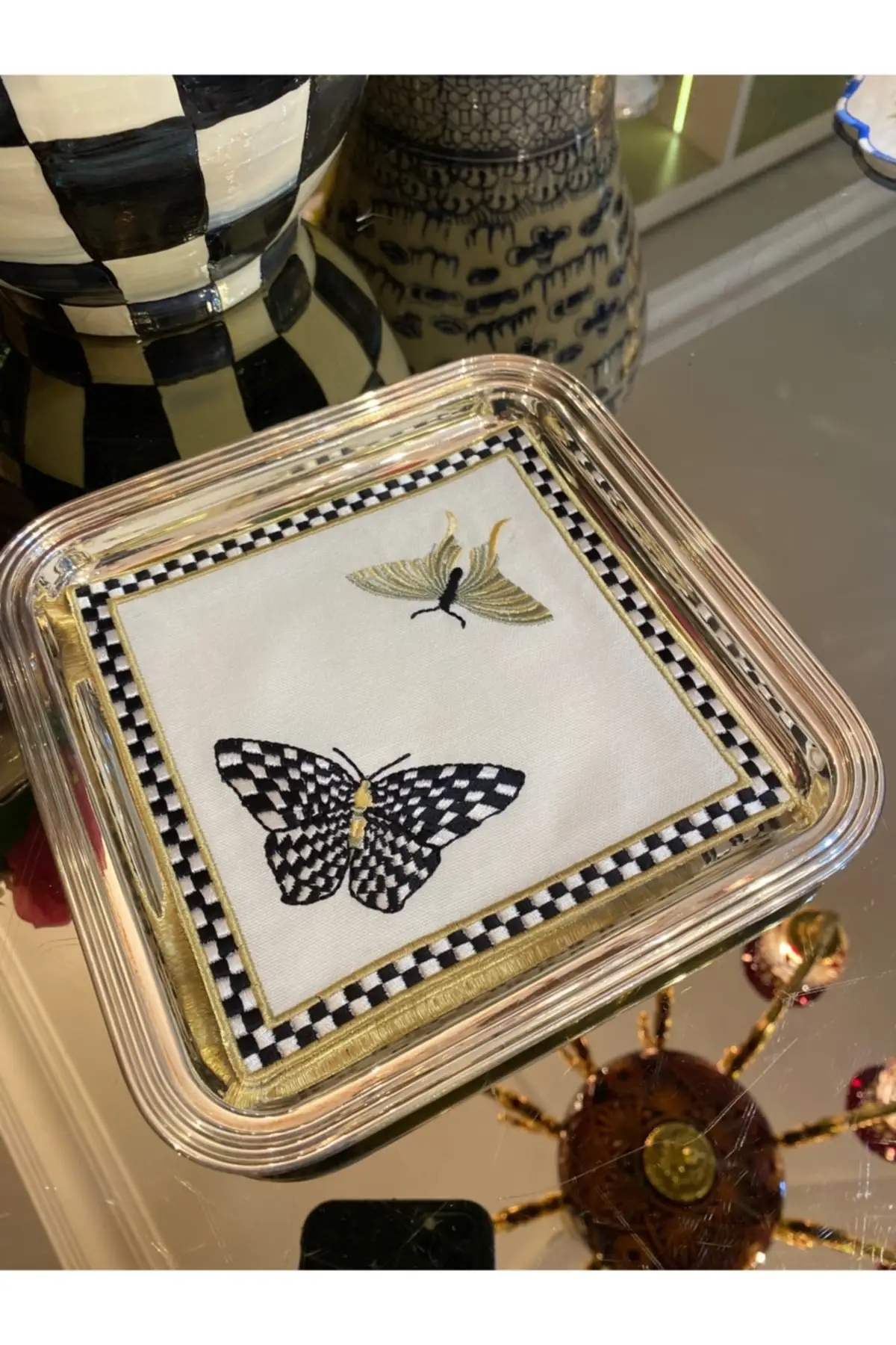 Клетчатая Коктейльная салфетка LINDA CBD Kelebekli 6 S LM200398KELEBEK6LIDAMALI House с узором бабочки Nakışlı Kokteyl презентационные салфетки KLBK