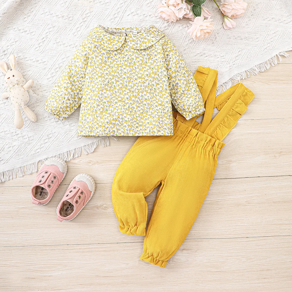 Yellow Baby Dungaree Set Toddler Baby Girl Kids Ruffles Tops + Overalls Pants Autumn Outfits