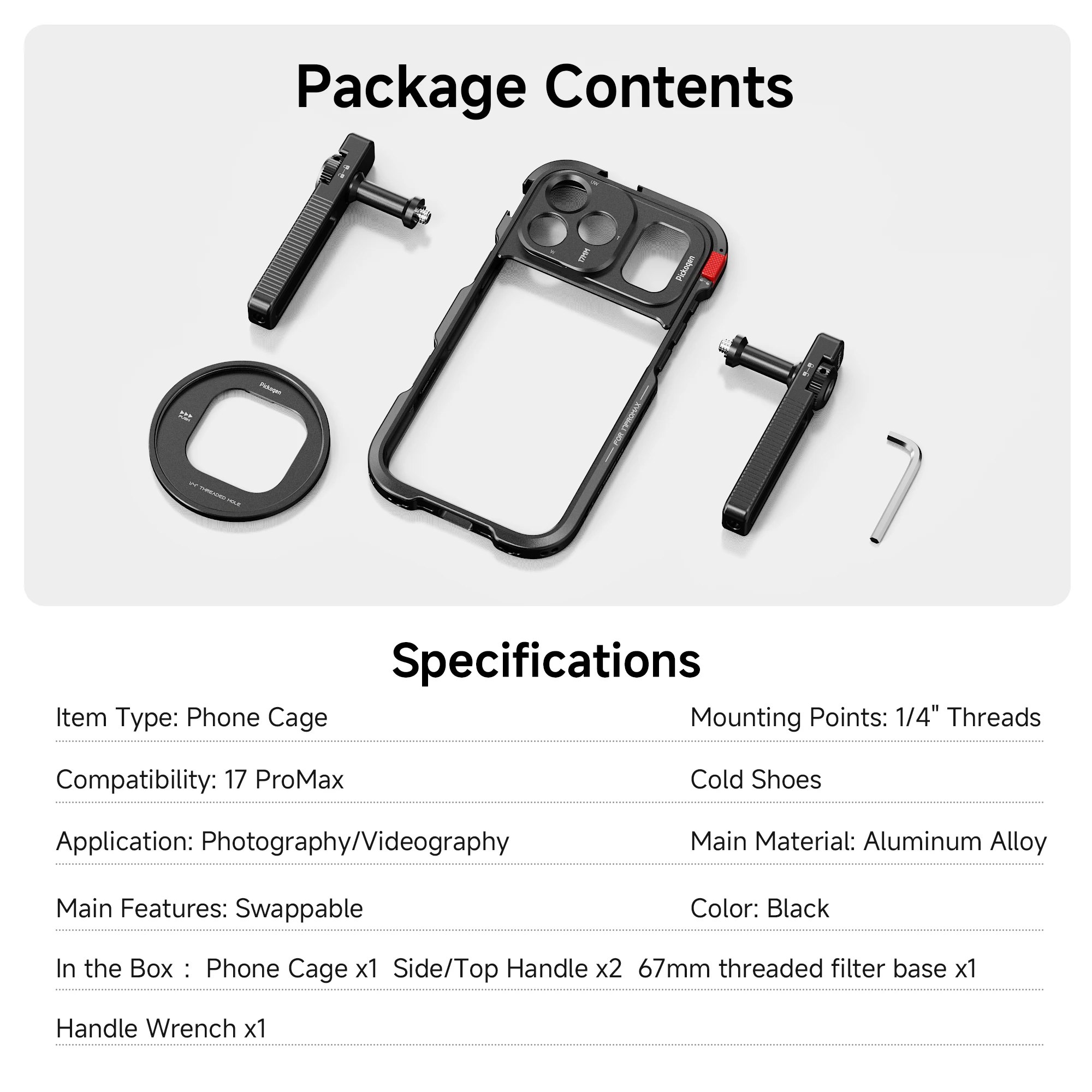 PICKOGEN Handy-Videokäfig-Set für iPhone 17 Pro / Pro Max, doppelte drehbare Griffe, 17-mm-Objektivhalterung, 67-mm-Filteradapter – Detail 8