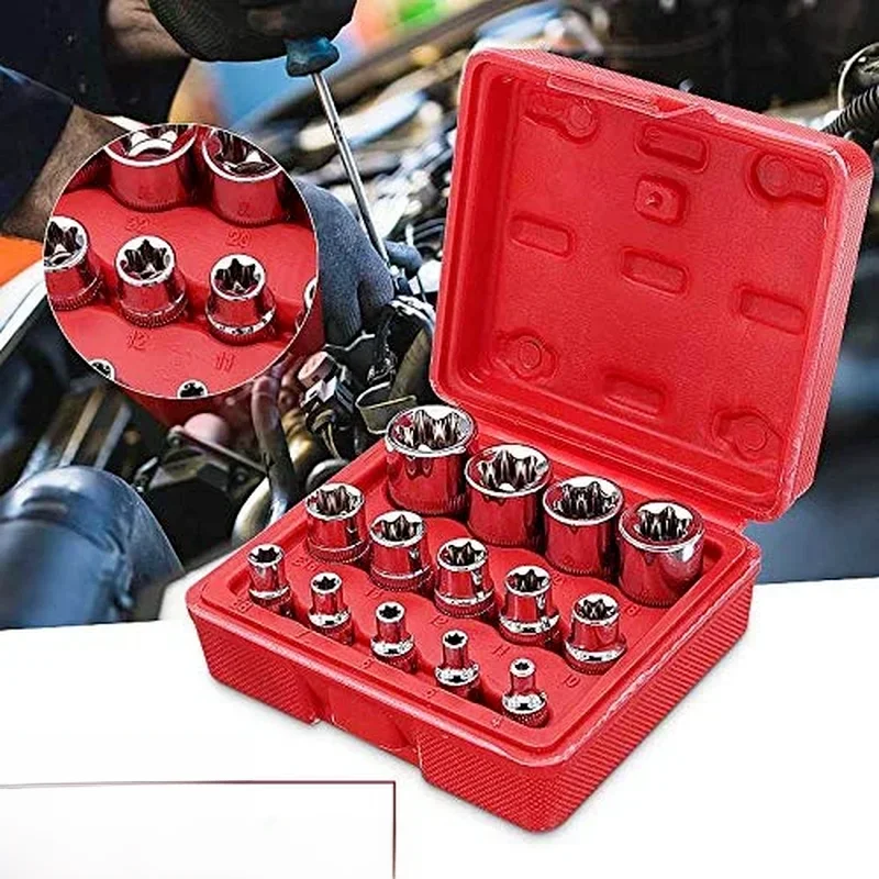 Jeu de douilles en forme d'étoile femelle Torx Bit, outil de réparation de voiture, 5/14 pouces, 1/4 pouces, E4-E24, 4mm-24mm, 4 pièces, 3/8 pièces