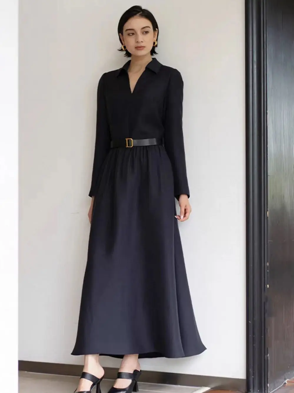

Autumn winter women's long sleeve tailored belted waist style long dress