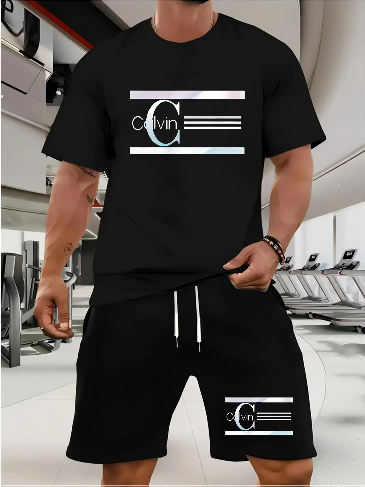 

Футболка Ensemble и шорты для мужчин, Mode Urbaine de Rue, Sport Extérieur, Imprimé Lettres, Décontracté d'Été