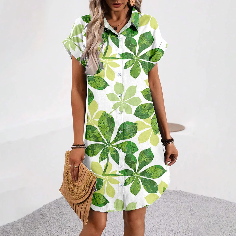 New 3d Leaf Printed Dress Women Casual Knee-Length Skirts Fashion Lapel Shirt Dress Beach Style Summer Short Sleeves Sundress