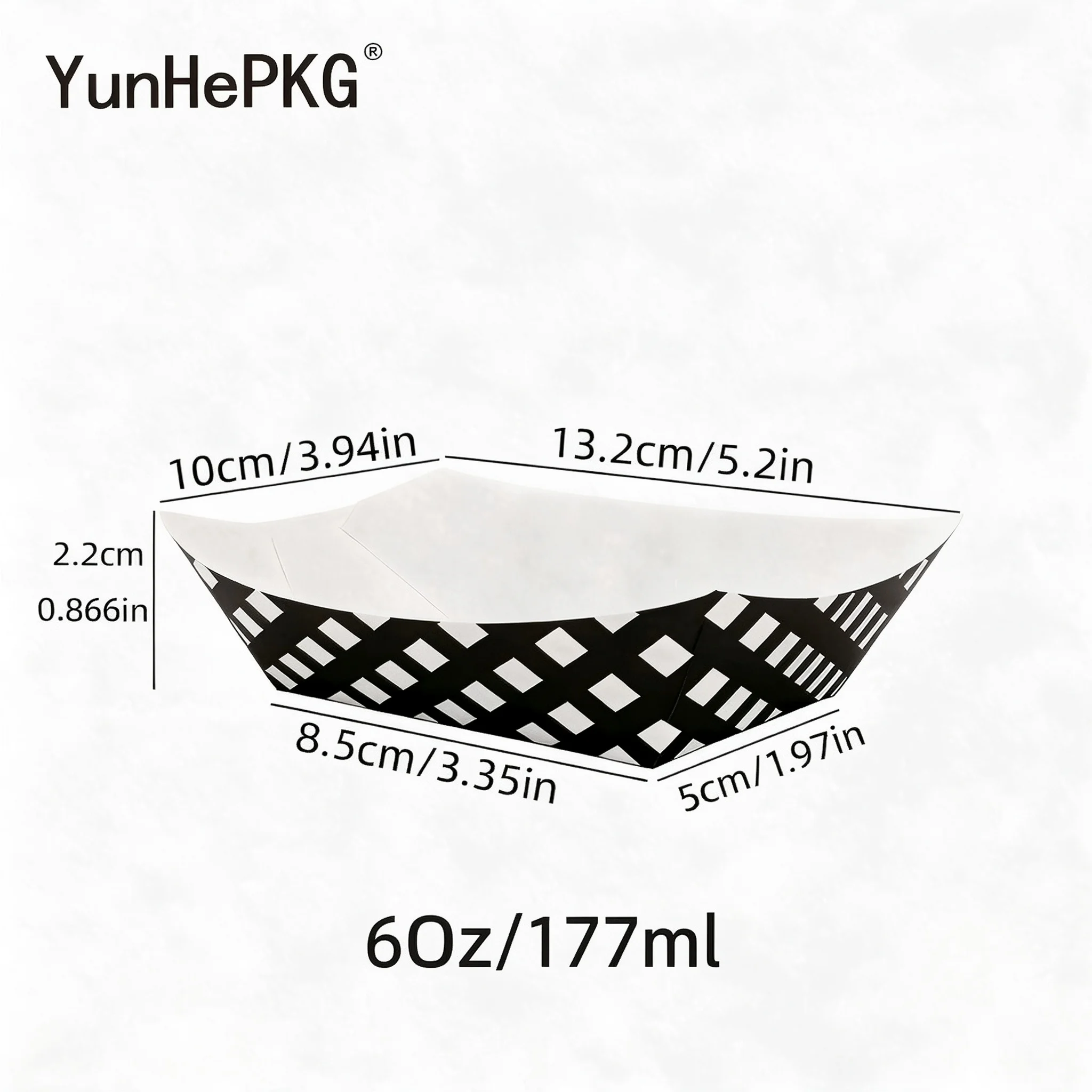 YunHePKG 6oz/177ml Black and White Checkered Food Safe Paper Food Boats, 5.2