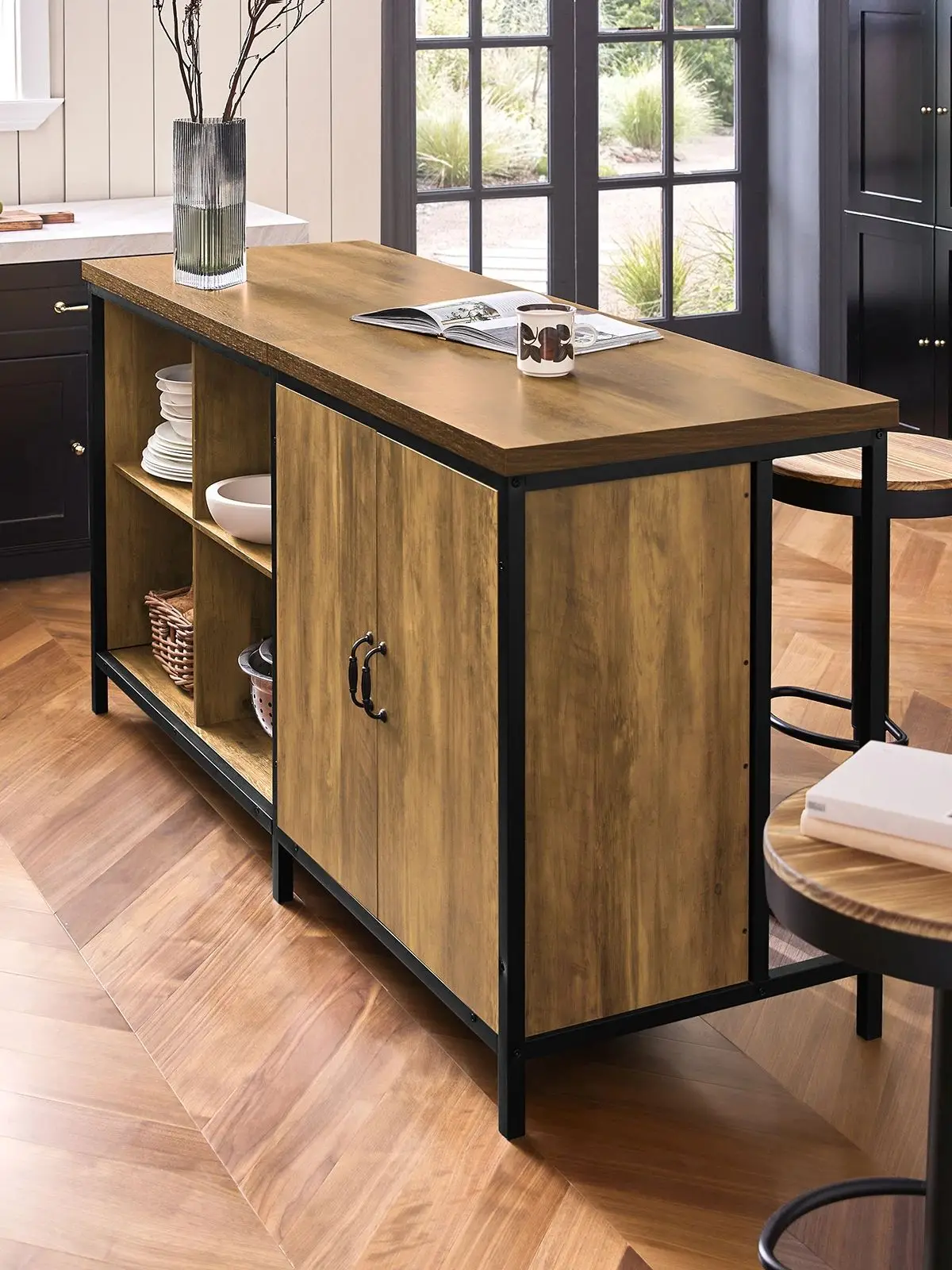 SoBuy KNL01-F Kücheninsel freistehend Küchenschrank Highborad Kommode Schrank Sideboard Bartisch Buffet Industrie-Design