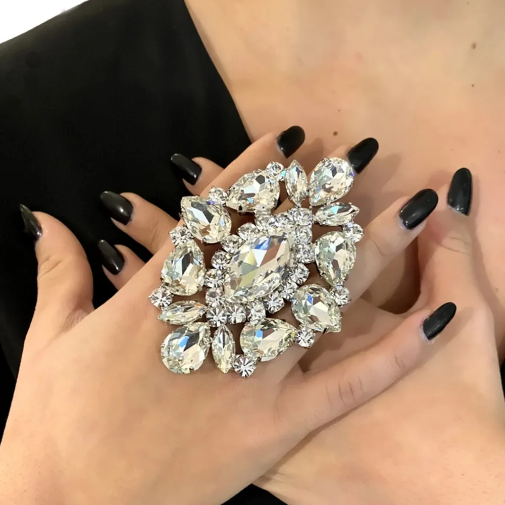 Luxury Rhinestone Oversized Big Large Ring Party Gifts Crystal Adjustable Geometric Open Rings Drag Queen Jewelry Rings Hot Sale