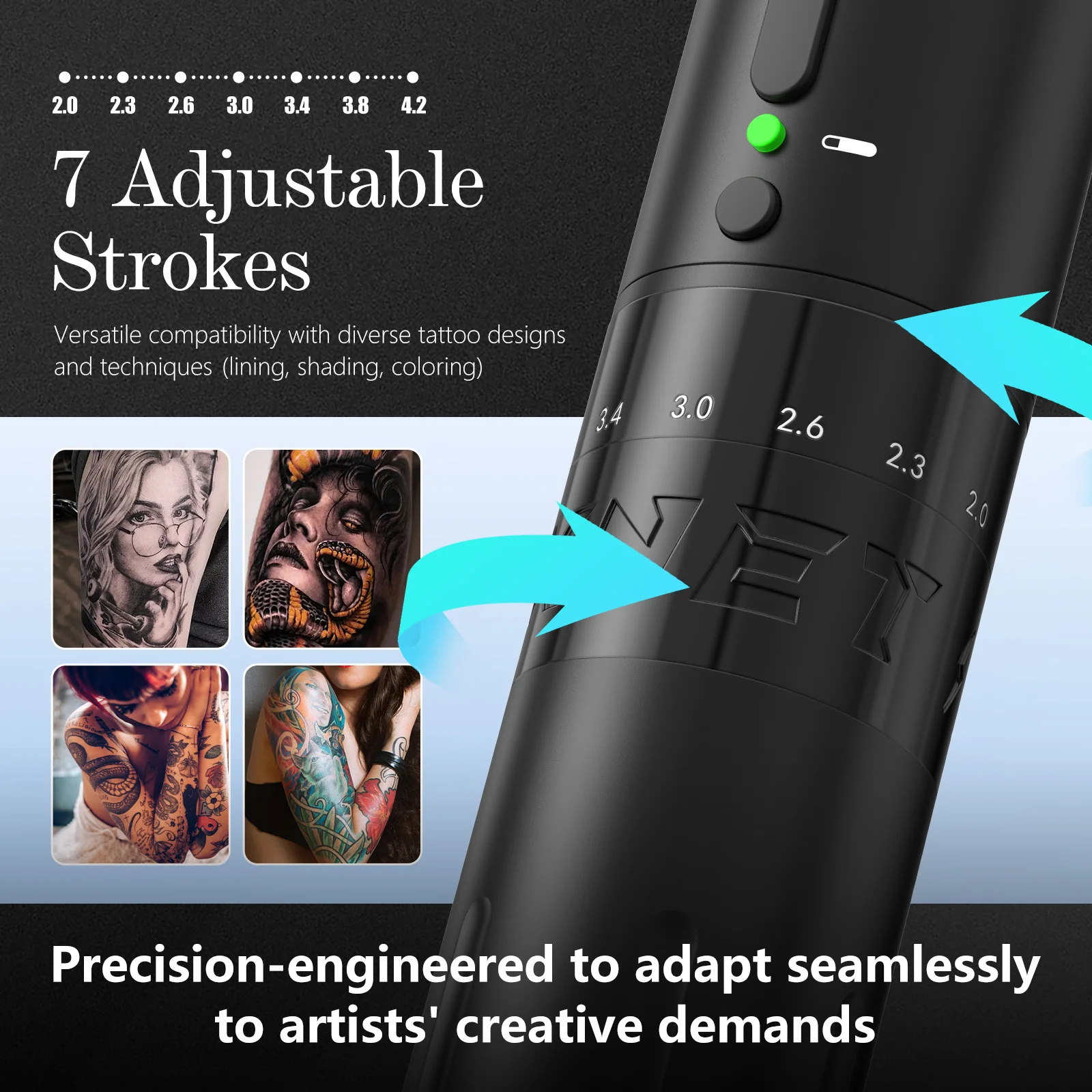 XNET E1 máquina de tatuaje inalámbrica pluma Kit completo 20 piezas cartuchos 7 golpes ajustables pluma de maquillaje de Motor personalizado principiante para tatuaje