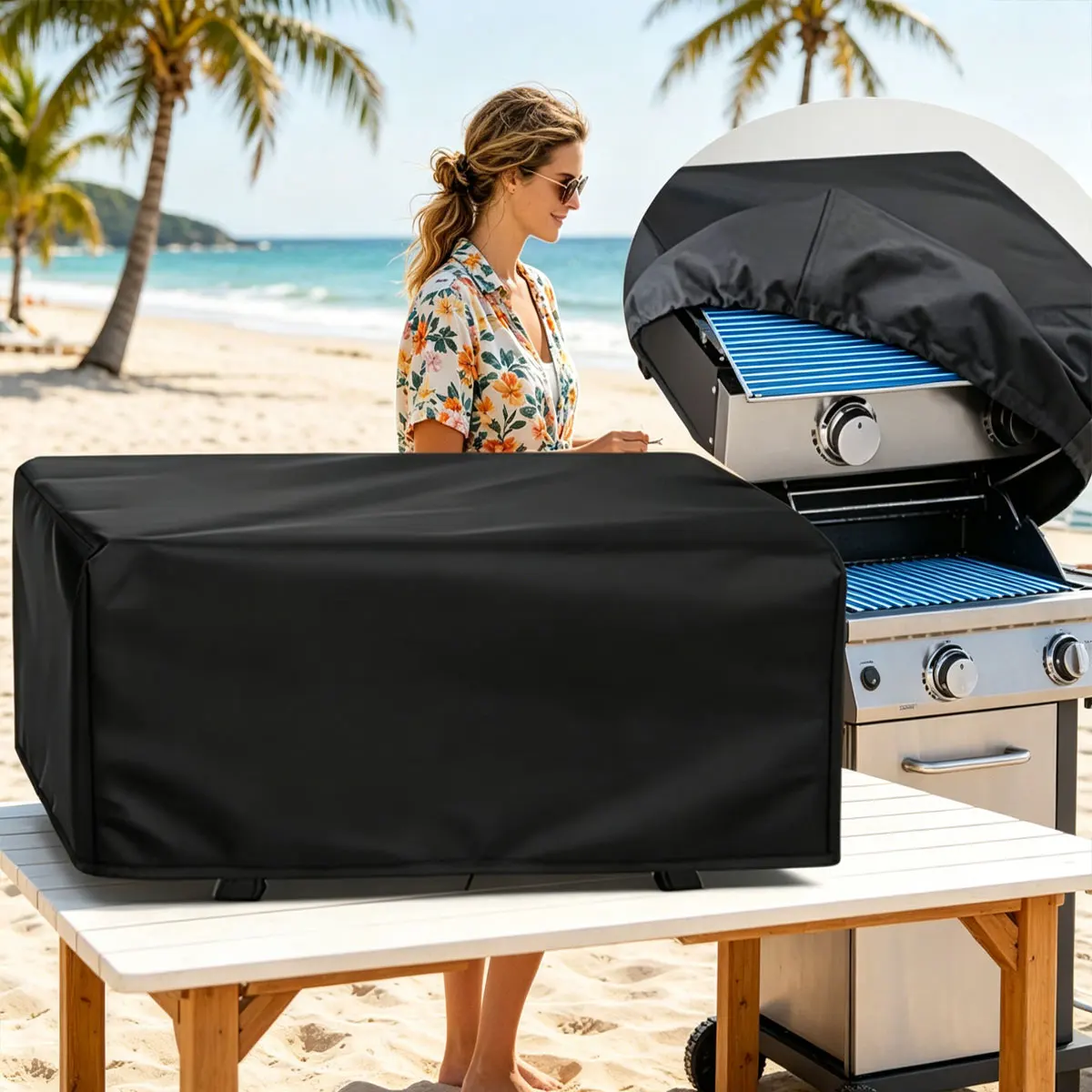1PC BBQ Grill Cover – Black Oxford Cloth with Drawstring Closure at Bottom, Heavy Duty Portable Protective Cover ZSY