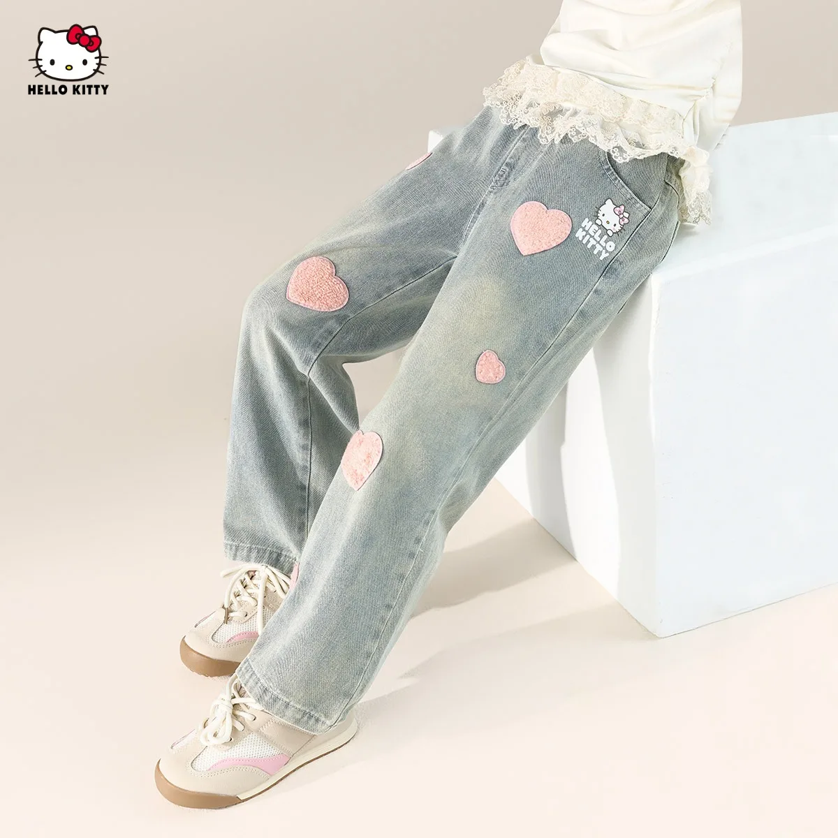 

[Officially Licensed] Sanrio Girls' Spring & Autumn Wide-Leg Jeans - Heart Embroidery, Casual Kids' Denim Pants