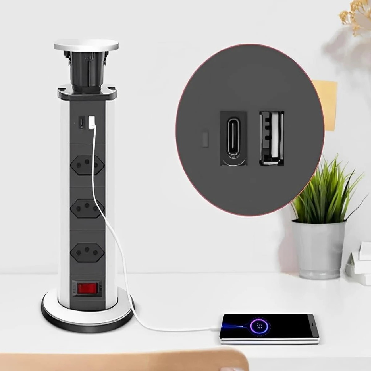 برج قابس متعدد قابل لسحبه للكونترتوب ، طاولة كونترتوب ، USB من النوع C ، تضمين ، 3 مآخذ ، من من من من من من نوع USB #3