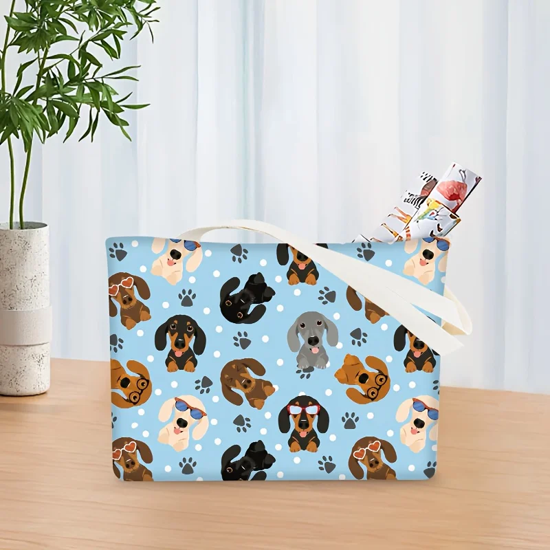 1Pcs Cartoon Puppy Print Canvas Shoulder Bag Tote for Women Dog Lovers Casual Shopping Daily Use Gift