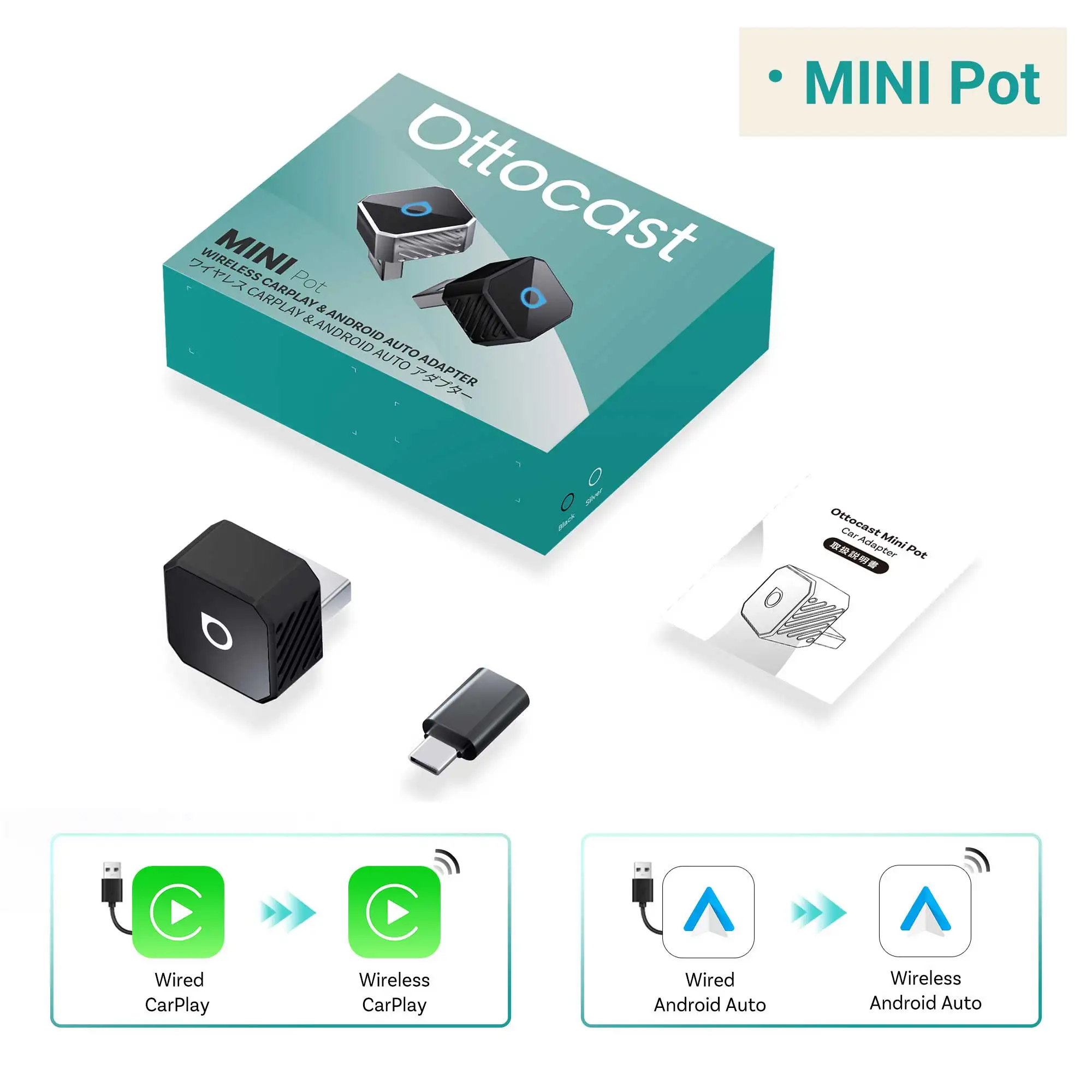 OTTOCAST Mini Slim Cube Draadloze CarPlay Android Auto Adapter 2 in 1 USB AI Auto Accessoires voor VW Haval Audi Kia Porsche Lexus