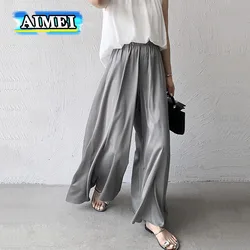 Pantalon à jambes larges pour femmes, vêtements Y2K, blanc, glace, été, taille haute, grande robe balançoire adt, fjcasual, style coréen