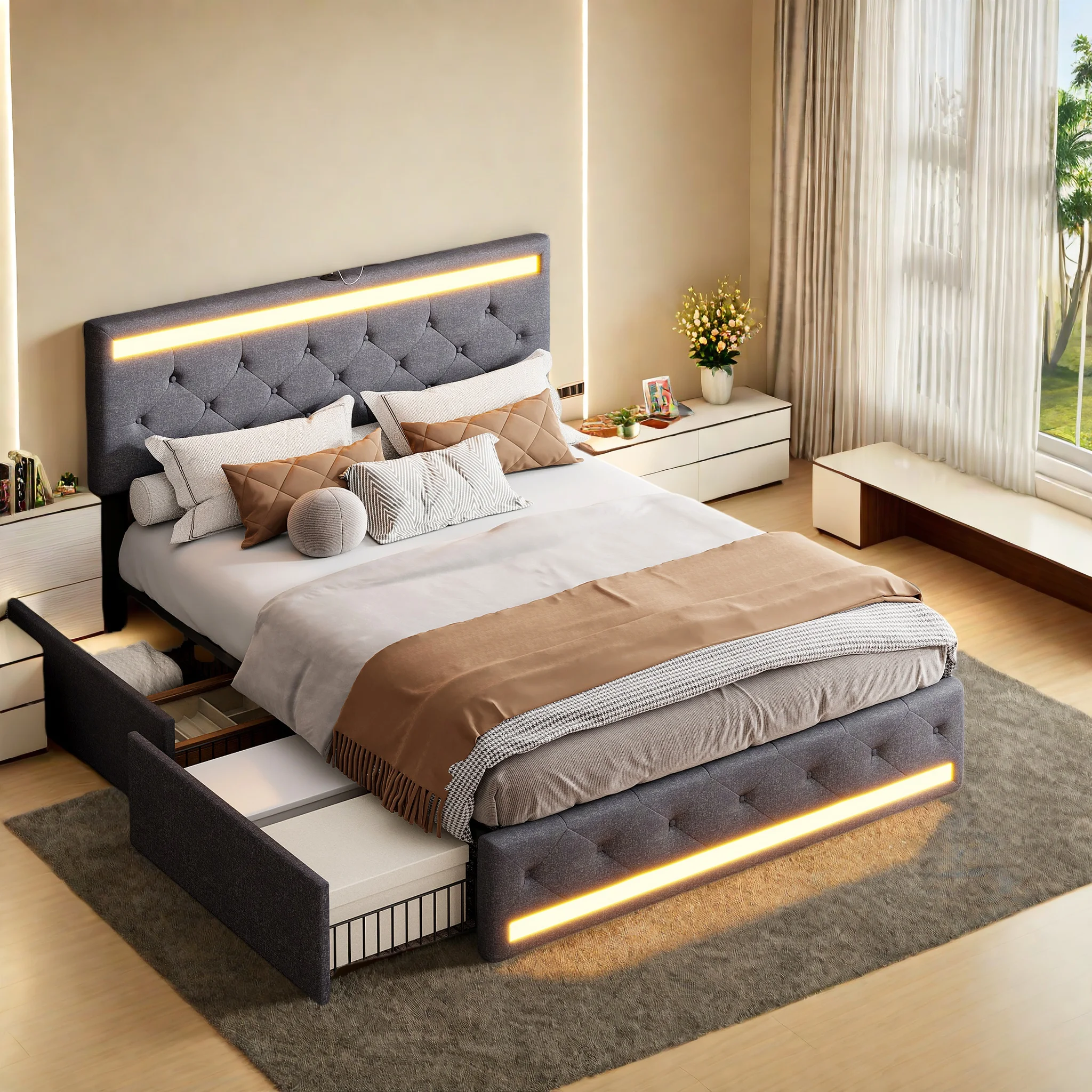 Lit rembourré 180x200cm avec rangement, lit double avec 4 tiroirs, lit coffre avec tête de lit réglable, lit enfant avec LED et