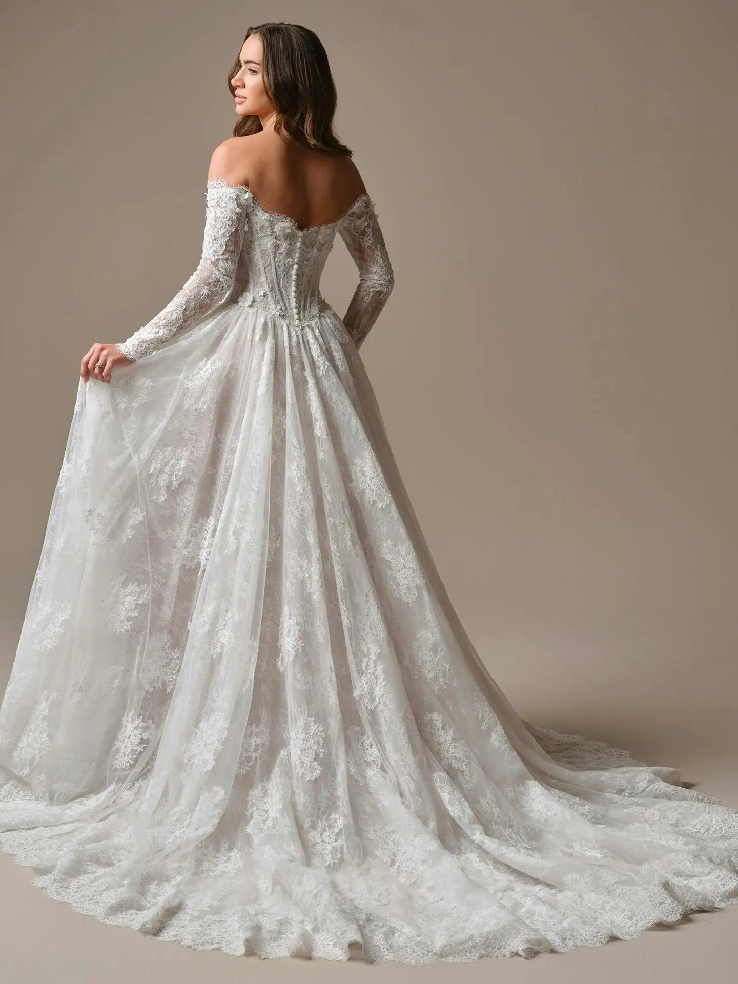 Lakshmigown Brautkleider mit U-Boot-Ausschnitt und Spitze für Frauen, lange Ärmel, Spitzenapplikationen, Robe De Soiree De Mariage, maßgeschneidert. – Detail 7
