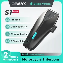 ASMAX S1 Bluetooth Moto Intercomunicador BT 5.4 Interphone Casco Auriculares Moto Intercomunicador Ai Control de Voz, 8 Riders, Radio FM, ENC Cancelación de Ruido, Dual Chip BT5.4, Multifuncional app, IPX7