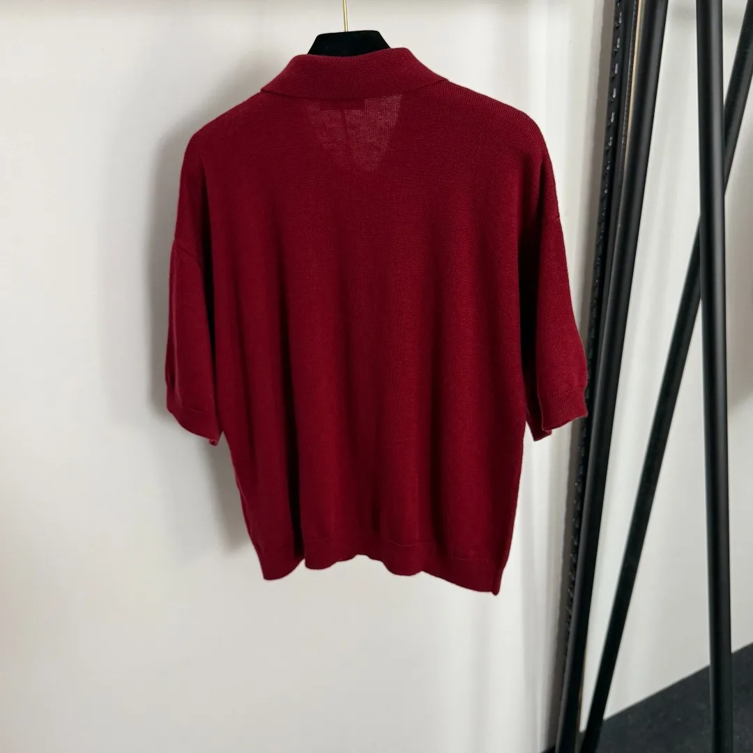 

Autumn 2025 New Turn-Down Collar Knit Top: Embroidered Wool Short Sleeve Sweater in Casual Chic Style