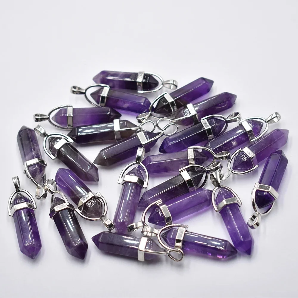 Assortiment de pierres naturelles d'améthyste, 24 pièces/lot, breloques de pilier, pendentifs et colliers chakra pour la fabrication gratuite, vente en gros