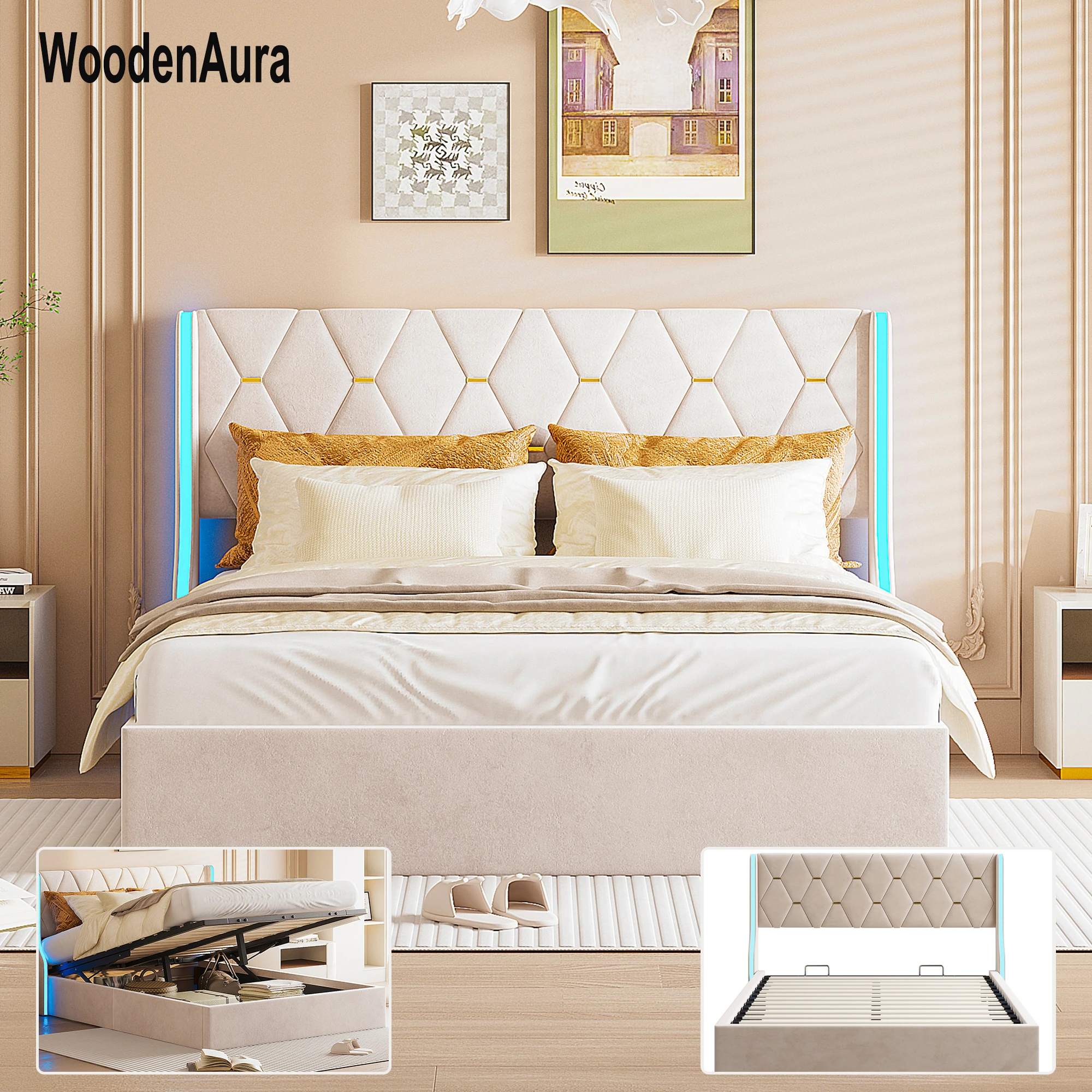 WoodenAura lit 140 x 190 avec sommier lit double 140x190 hydraulique rembourré avec lumières LED et sommier à lattes avec cadre de lit de flanelle