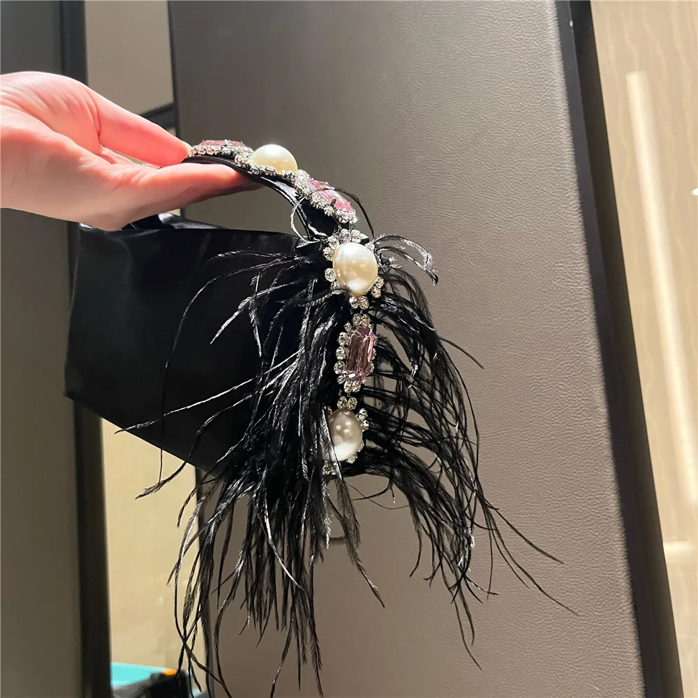 

Ostrich Feathers Hand-Embellished Pillow Bag Pearls Stones Silk Satin Bags Evening Banquet Handbag Tote Sac Luxury Twinkle