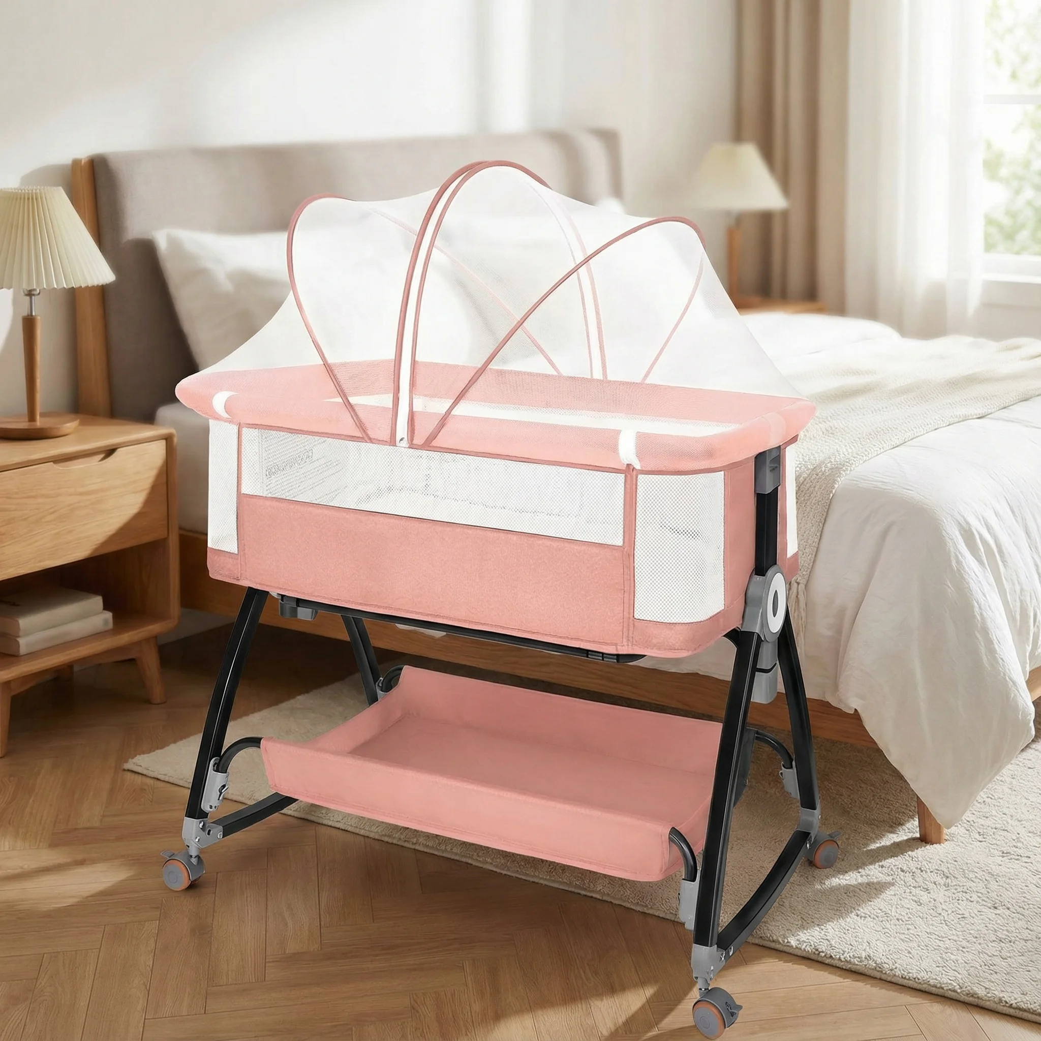 

Portable Baby Crib Baby Bed Newborn Soothing Baby Movable Baby Rocking Bed with Mosquito Net Wheels Storage Basket Baby Rocker