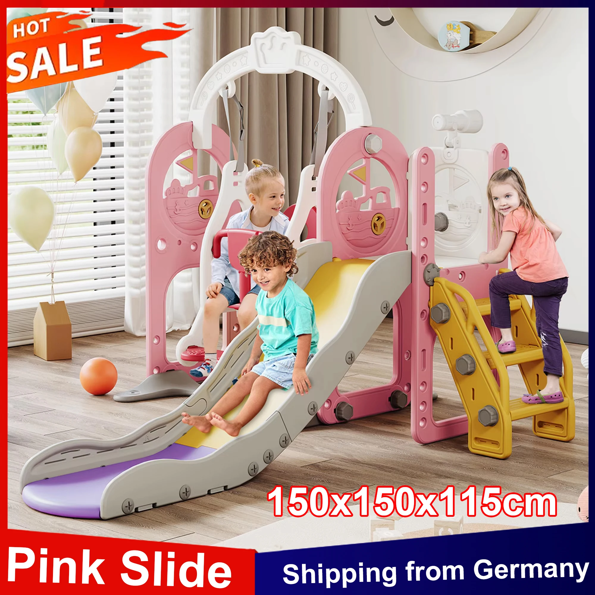 Anajqaqia Tobogán para niños 6 en 1, con columpio, escaleras, telescopio, tobogán, aro de baloncesto y almacenamiento, parque infantil con tobogán independiente