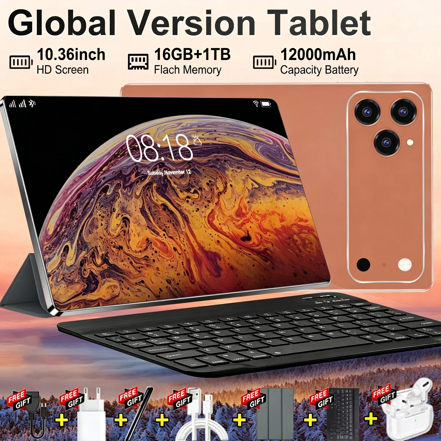 Tableta Android con pantalla grande de 10,36 pulgadas, batería de larga duración de 12000 mAh, versión global, 1 TB de almacenamiento, 16