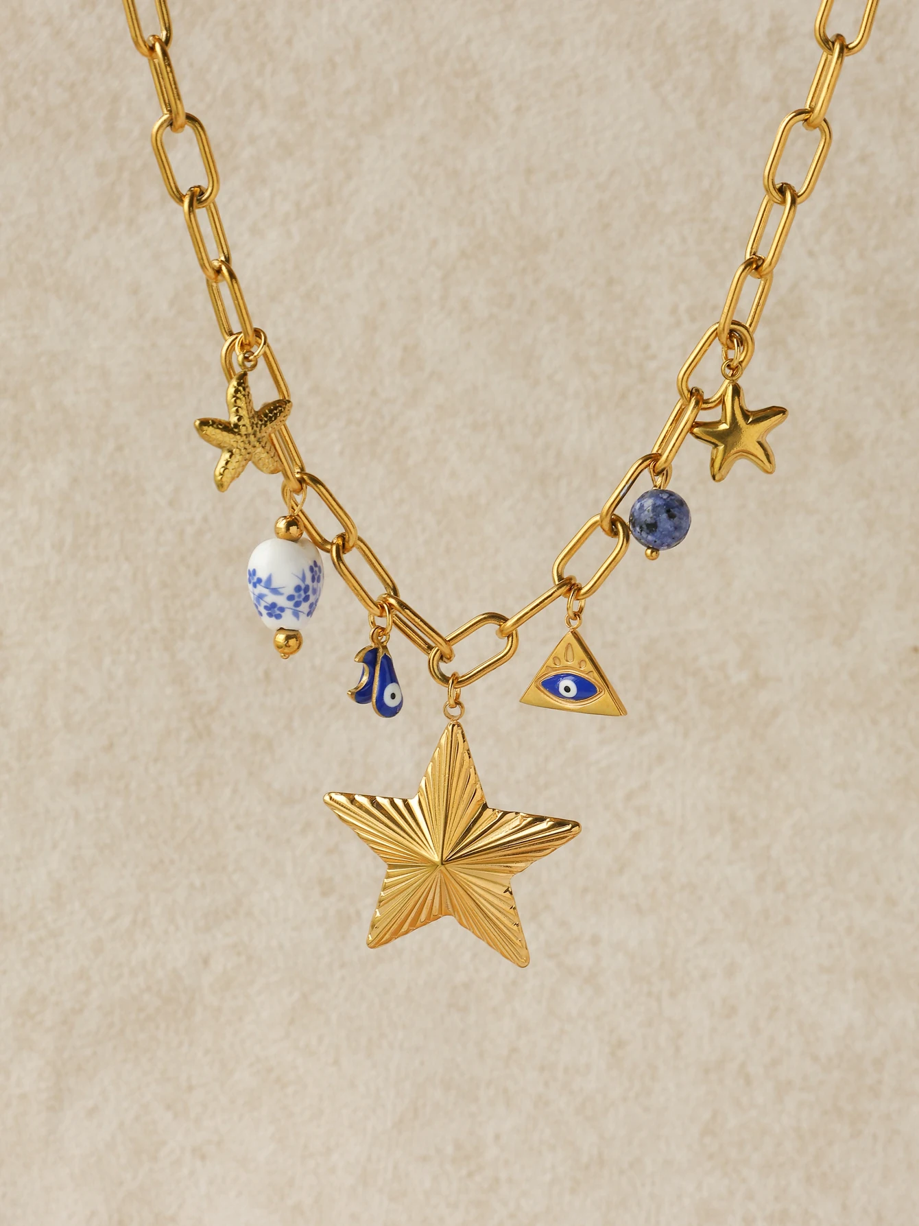 قلادة نسائية على شكل نجمة نجم البحر باللونين الأزرق والأبيض من البورسلين وعيون سلسلة المحيط من الفولاذ المقاوم للصدأ مقاومة للماء فريدة من نوعها #4