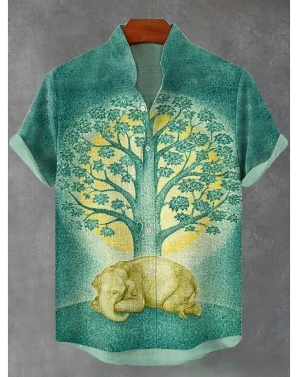 새로운 레트로 남자 민족 코끼리 패턴 인쇄 옷깃 셔츠, 패션 캐주얼 반소매 리넨 빠른 배송