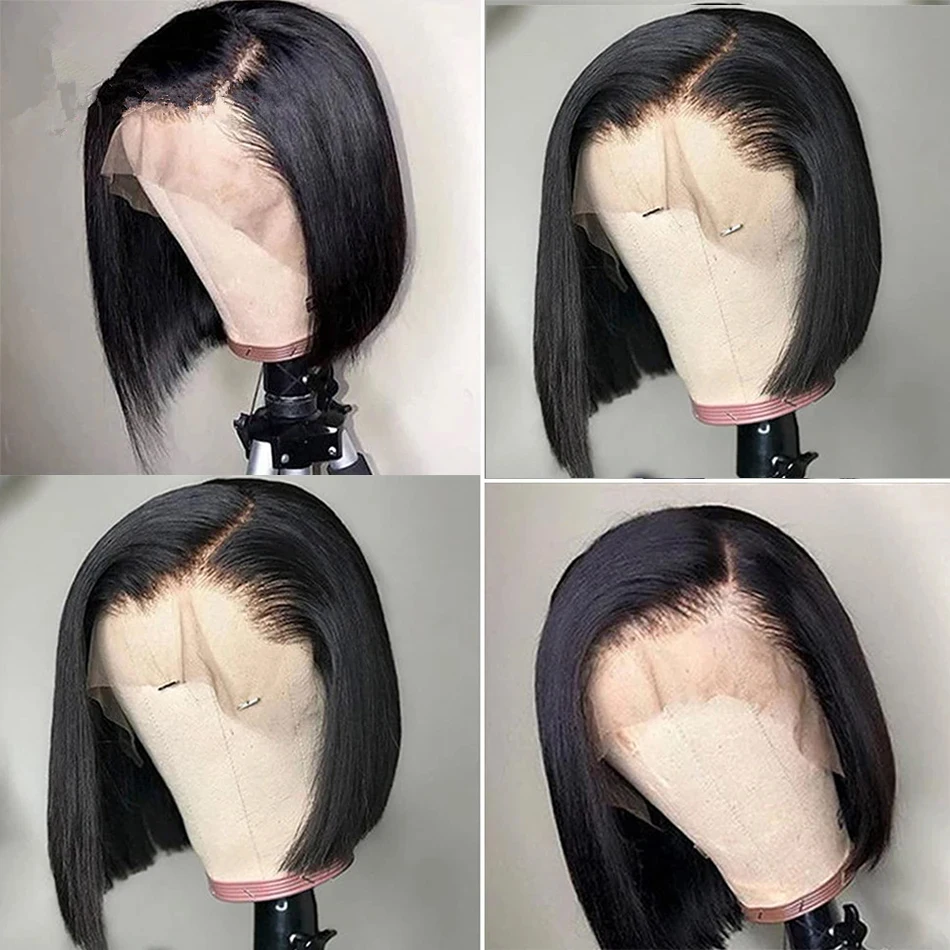 Peruca reta curta Bob para mulheres, cabelo remy brasileiro, 100% cabelo humano, transparente frente de renda, 13x4