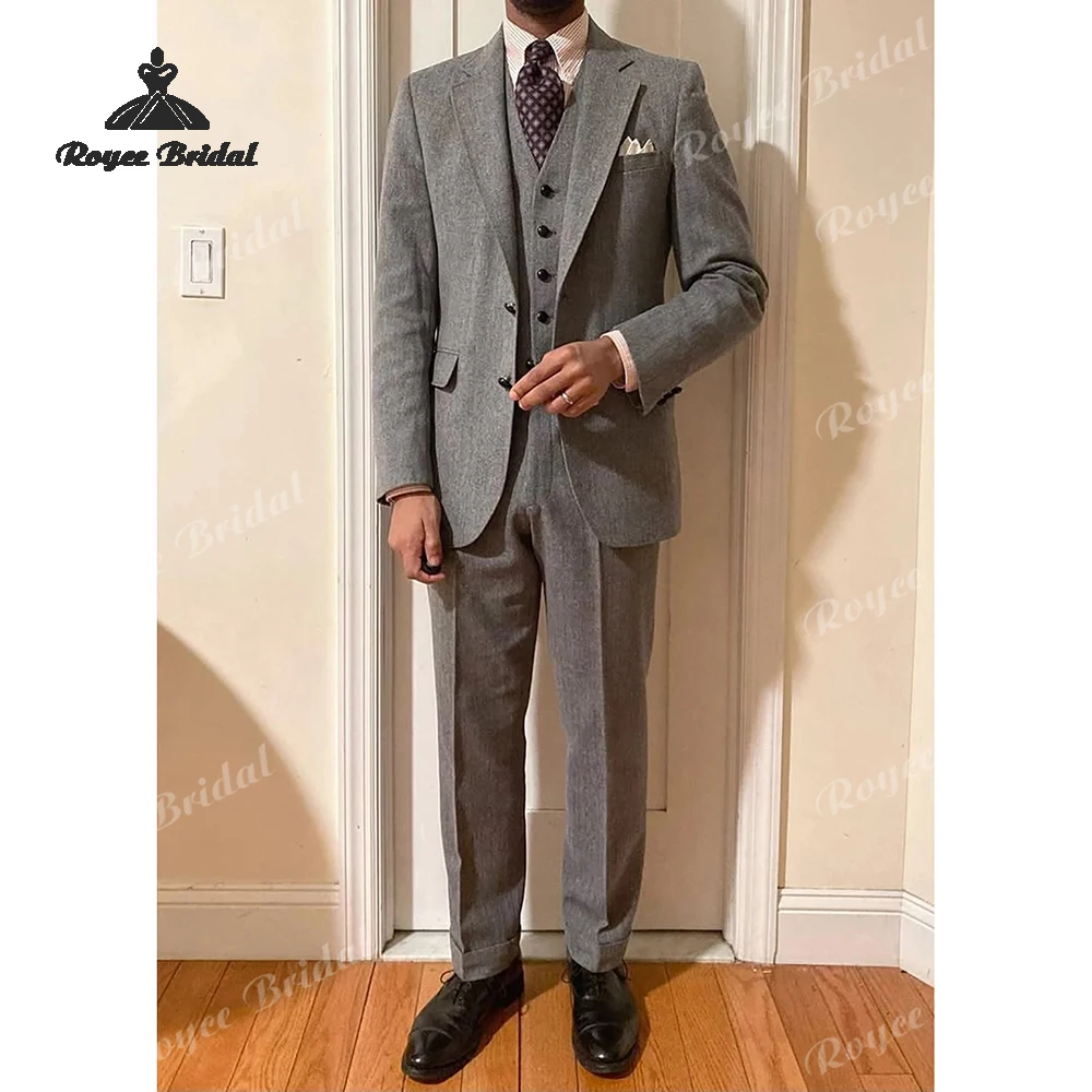Herringbone Three Piece Single Breasted Men's Wedding Suit 2026 Notch Lapel Formal Evening Prom Suit costume homme mariage
