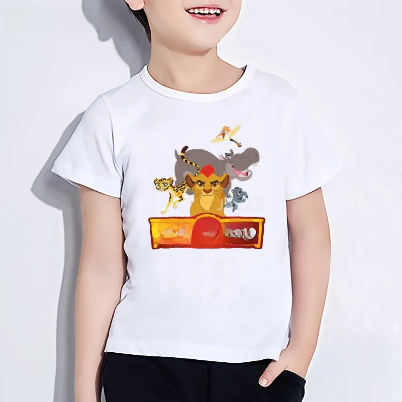 T-shirt d'été blanc pour enfants, imprimé de personnages de dessins animés du roi Lion, vêtements amusants pour filles et garçons