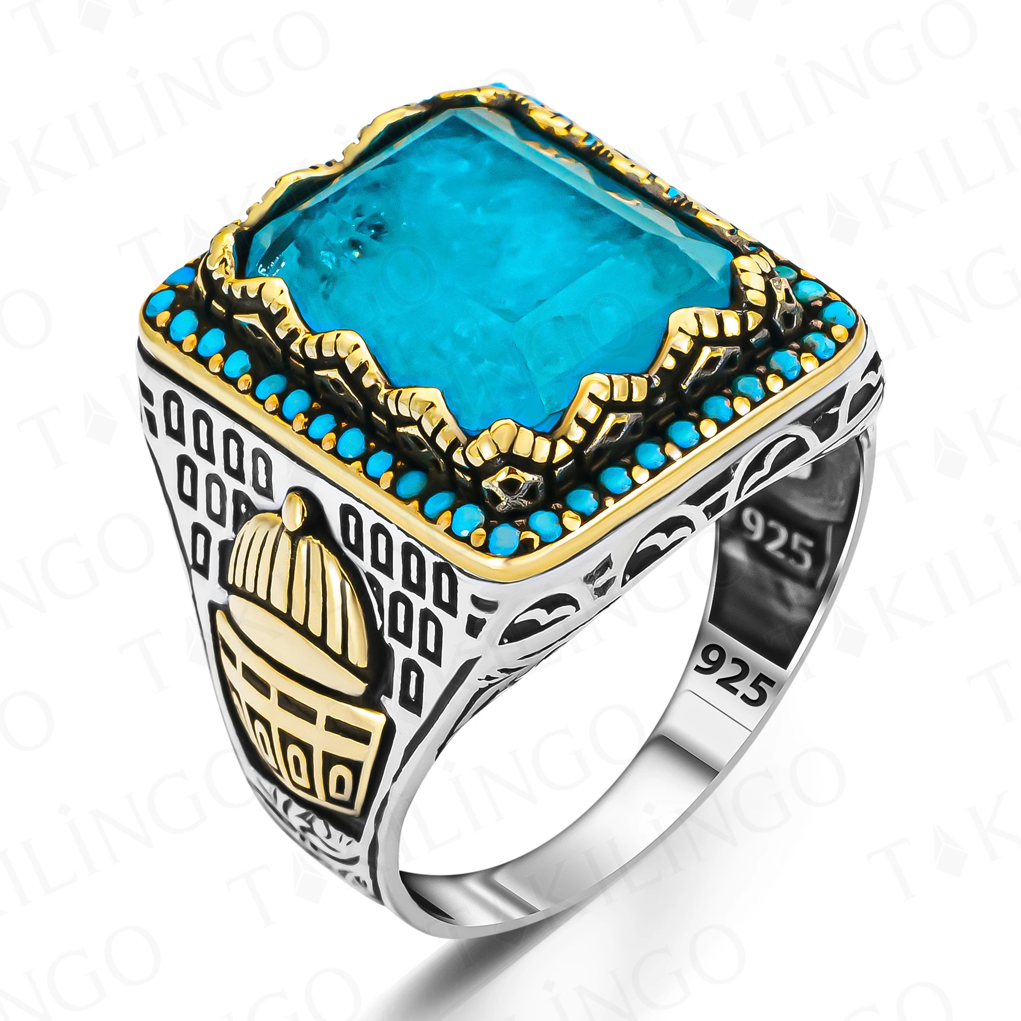 Mosque Motif Paraiba Stone Real 925 Sterling Customized Silver Ring For Men Luxury Jewelry Souvenir Turkish islamic Gift Him