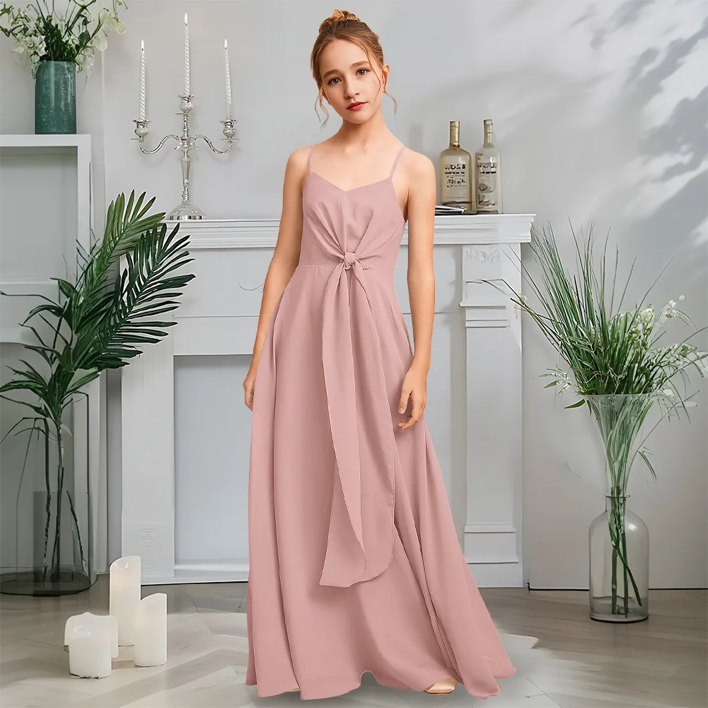 Luxuriöses Junior-Brautjungfernkleid mit V-Ausschnitt, Twilight Blue, Blumenmädchenkleid, A-Linie, Chiffon, bodenlang, für Garten, Gala, Hochzeit, Party