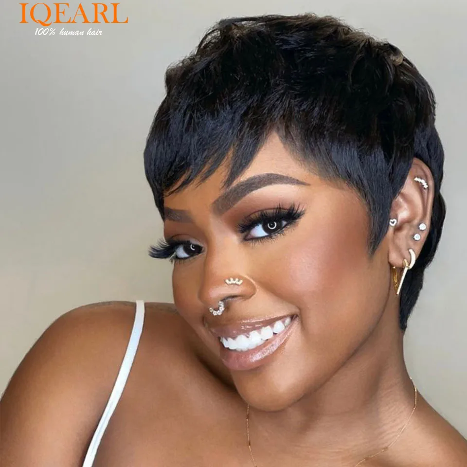 

Short Straight Human Hair Wigs With Bangs Natural Color Brazilian Remy Hair Pixie Cut Wig Cheap Human Hair Wig For Black Women