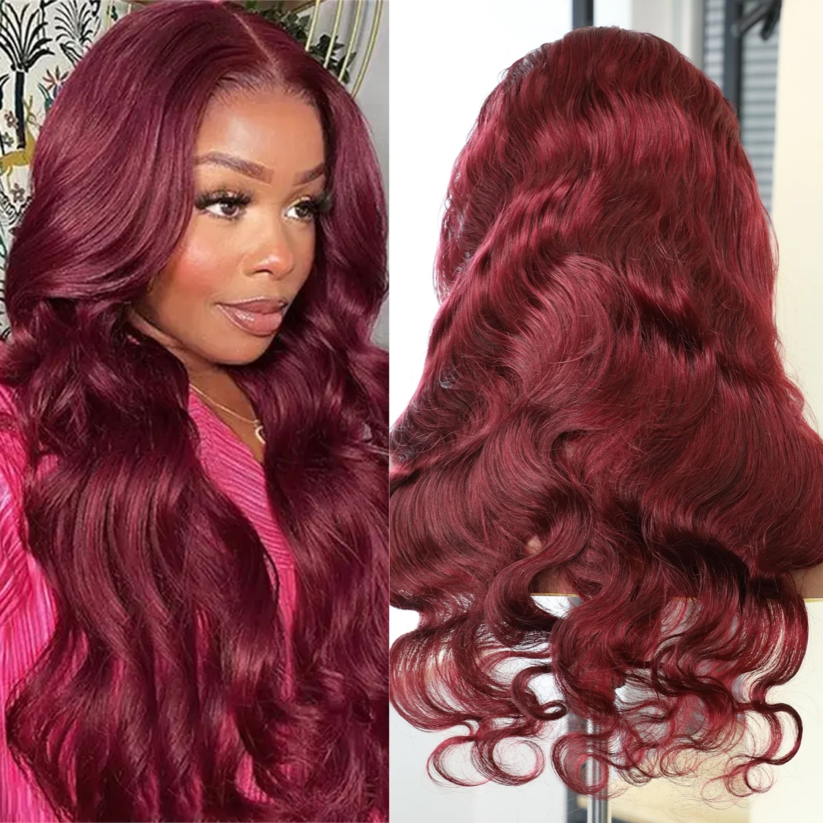 Perruque Lace Front Wig Body Wave 100% Naturelle, Cheveux Humains, Rouge Bordeaux 99J, Densité 220, 13x4, 13x6, Transparent, 34 Pouces, pour Femme